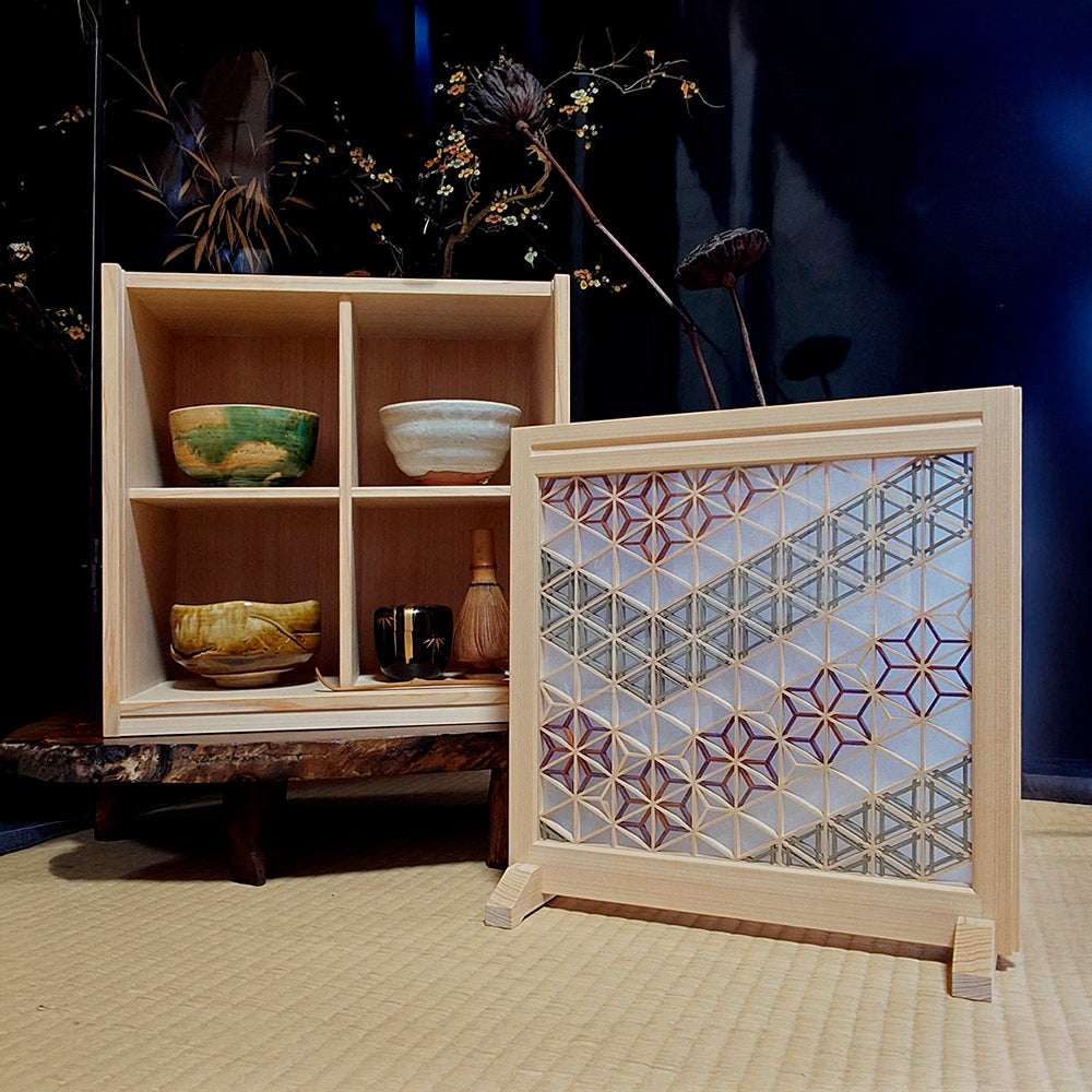 Matcha bowl display shelf with kumiko　*Flower and Grass*