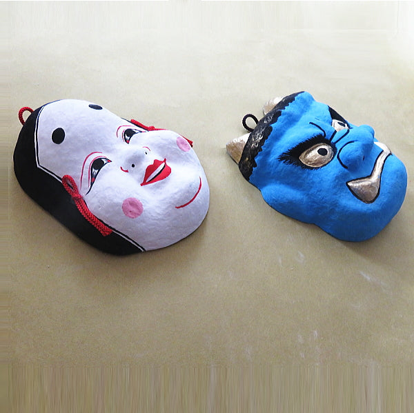 Folk art Kagura masks painting set 青鬼(Aooni) & おたふく(Otafuku) Papier-mache mask/Handmade